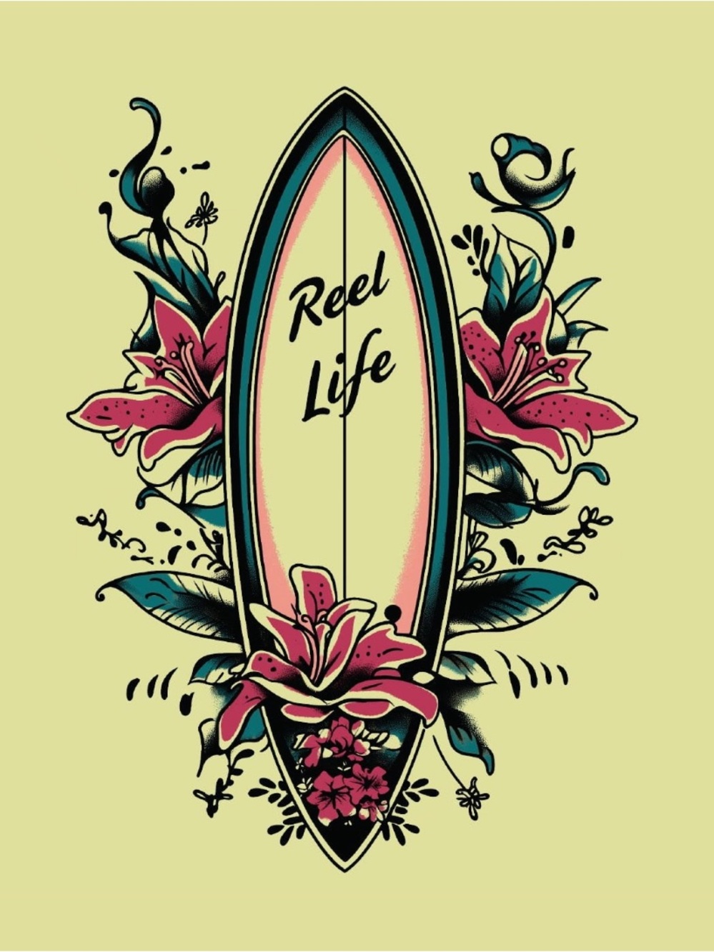 Reel Life Women's Cream Rash Guard with Floral Surf Graphic